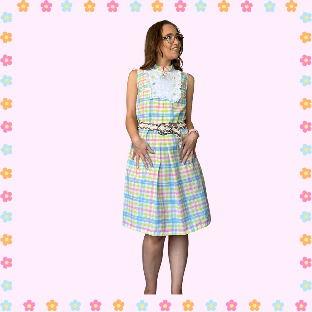 Vintage 60s/70s Handmade Plaid Multicolor Dress Cottagecore Mod Retro